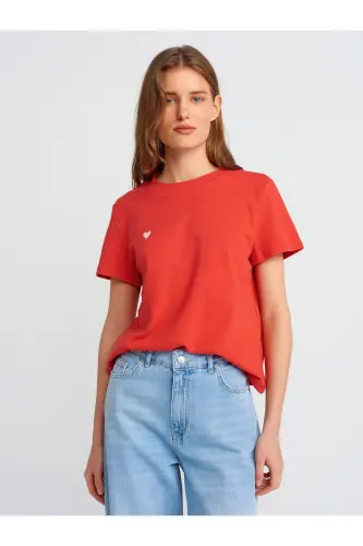 30584 Bisiklet Yaka Pamuklu T-shirt-Kırmızı - Kırmızı 