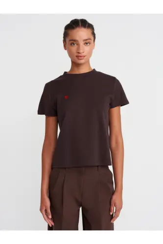 30584 Bisiklet Yaka Pamuklu T-shirt-Koyu Kahve-Kahverengi - 1