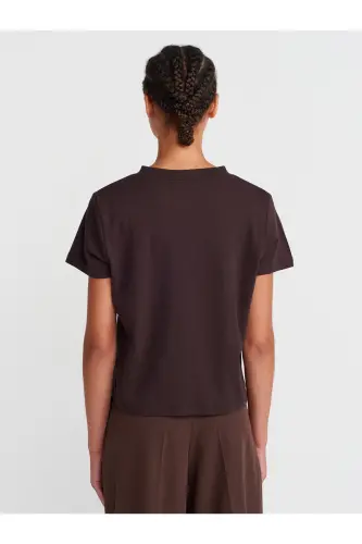 30584 Bisiklet Yaka Pamuklu T-shirt-Koyu Kahve-Kahverengi - 2