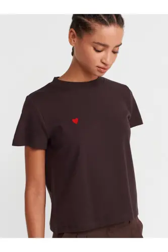 30584 Bisiklet Yaka Pamuklu T-shirt-Koyu Kahve-Kahverengi - 3