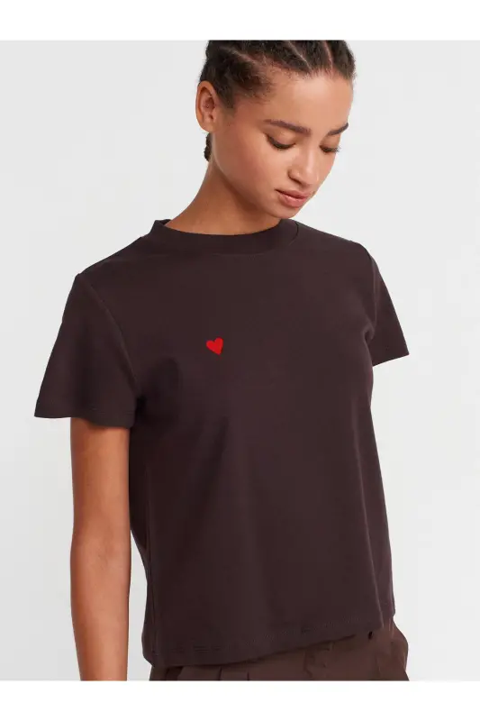 30584 Bisiklet Yaka Pamuklu T-shirt-Koyu Kahve-Kahverengi - 3