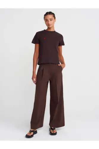 30584 Bisiklet Yaka Pamuklu T-shirt-Koyu Kahve-Kahverengi - 4