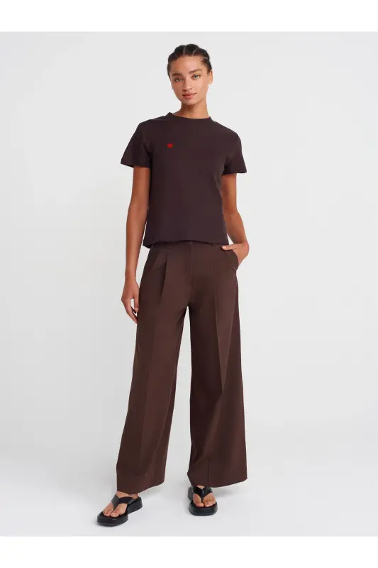 30584 Bisiklet Yaka Pamuklu T-shirt-Koyu Kahve-Kahverengi - 4