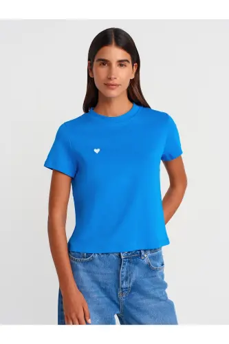 30584 Bisiklet Yaka Pamuklu T-shirt-Saks - Saks 