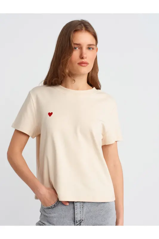 30584 Bisiklet Yaka Pamuklu T-Shirt-Taş-Bej - DILVIN