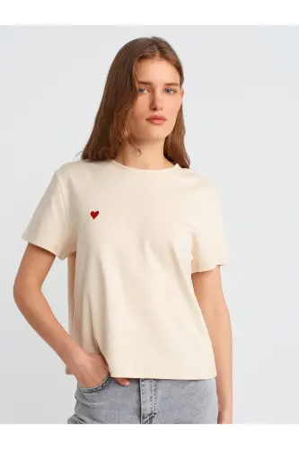 30584 Bisiklet Yaka Pamuklu T-Shirt-Taş-Bej 