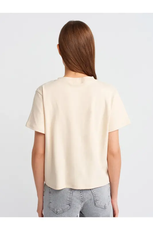 30584 Bisiklet Yaka Pamuklu T-Shirt-Taş-Bej - 2