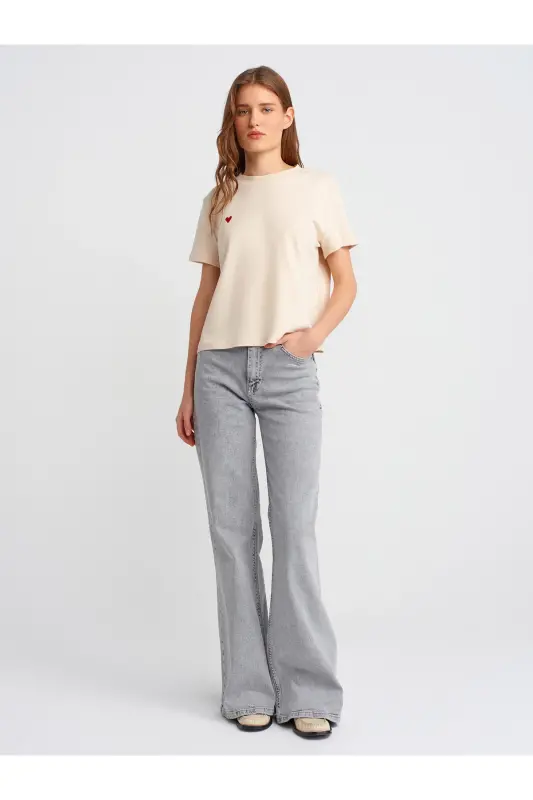 30584 Bisiklet Yaka Pamuklu T-Shirt-Taş-Bej - 3