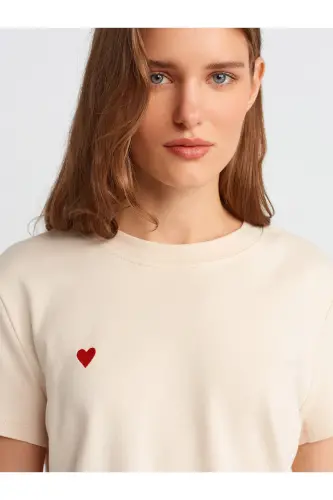 30584 Bisiklet Yaka Pamuklu T-Shirt-Taş-Bej - 4