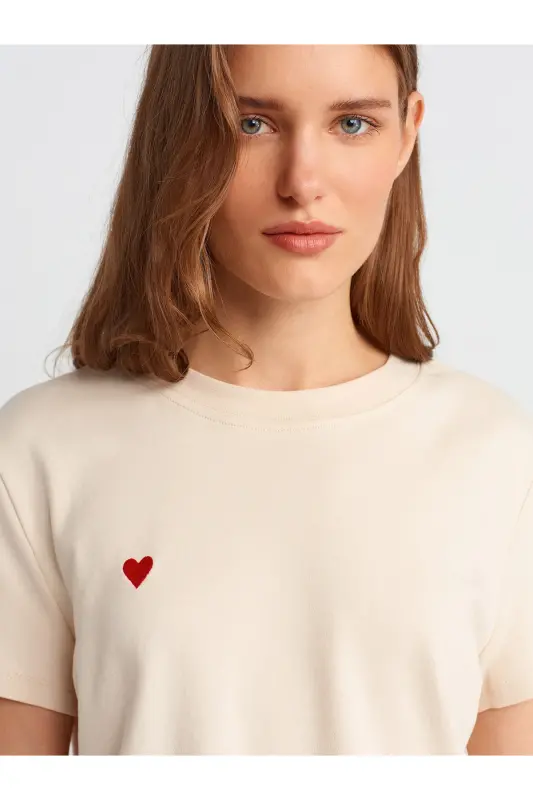 30584 Bisiklet Yaka Pamuklu T-Shirt-Taş-Bej - 4