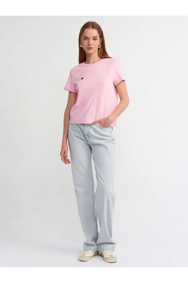 30584 Bisiklet Yaka Pamuklu T-Shirt-Toz Pembe-Toz Pembe - 4