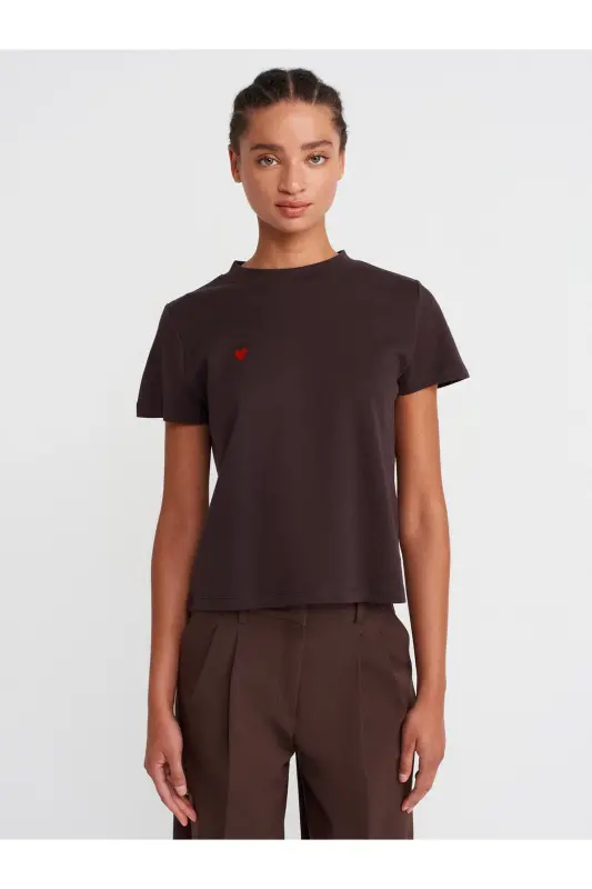 30584 Crew Neck Cotton T-shirt-Dark Brown-Dark Brown - 1