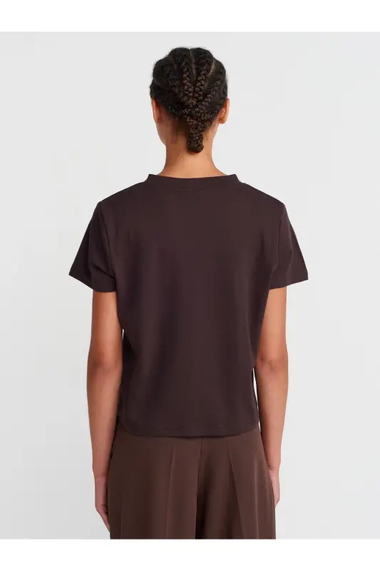 30584 Crew Neck Cotton T-shirt-Dark Brown-Dark Brown - 2