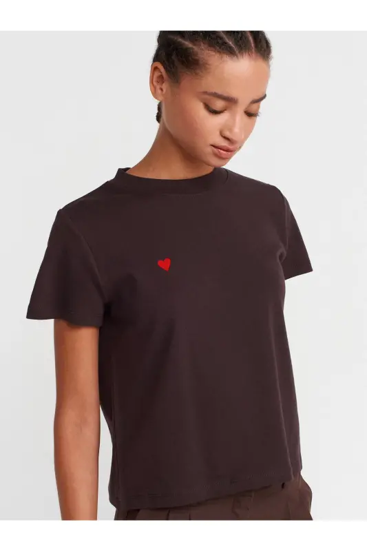 30584 Crew Neck Cotton T-shirt-Dark Brown-Dark Brown - 3