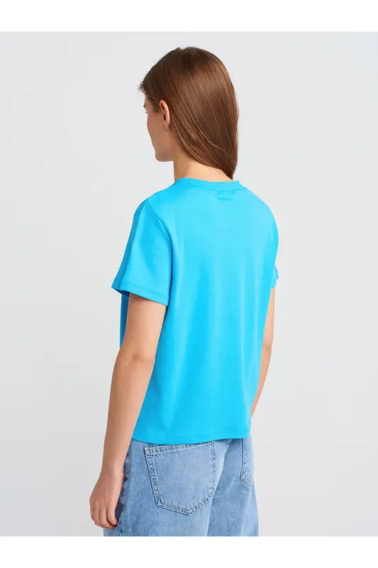 30584 Crew Neck Cotton T-shirt-Turquoise-Turquoise - 2