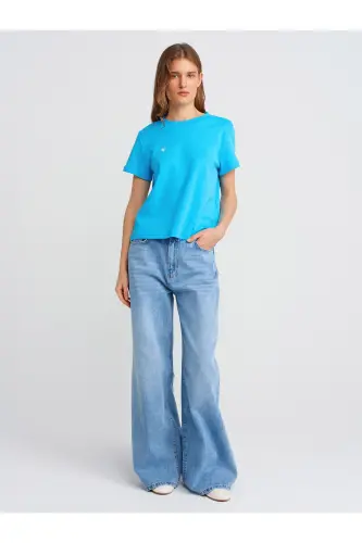 30584 Crew Neck Cotton T-shirt-Turquoise-Turquoise - 3