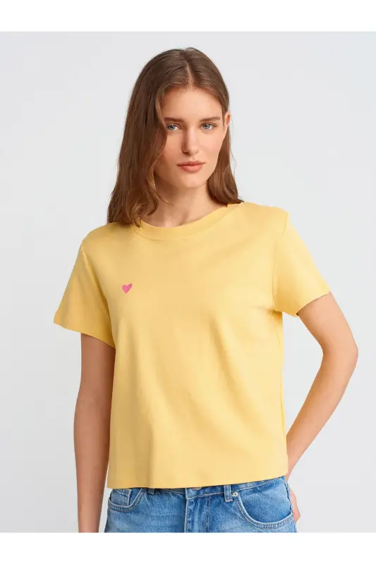 30584 Crew Neck Cotton T-Shirt-Yellow-Yellow - 2