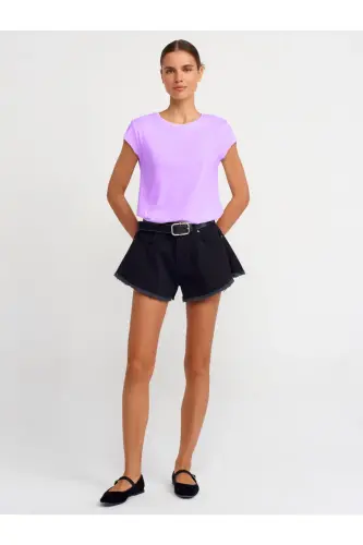 30719 Bisiklet Yaka T-shirt-Lila-Lila 