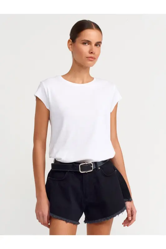 30719 Dumaloq yoqali T-shirt-Oq - Oq - 1