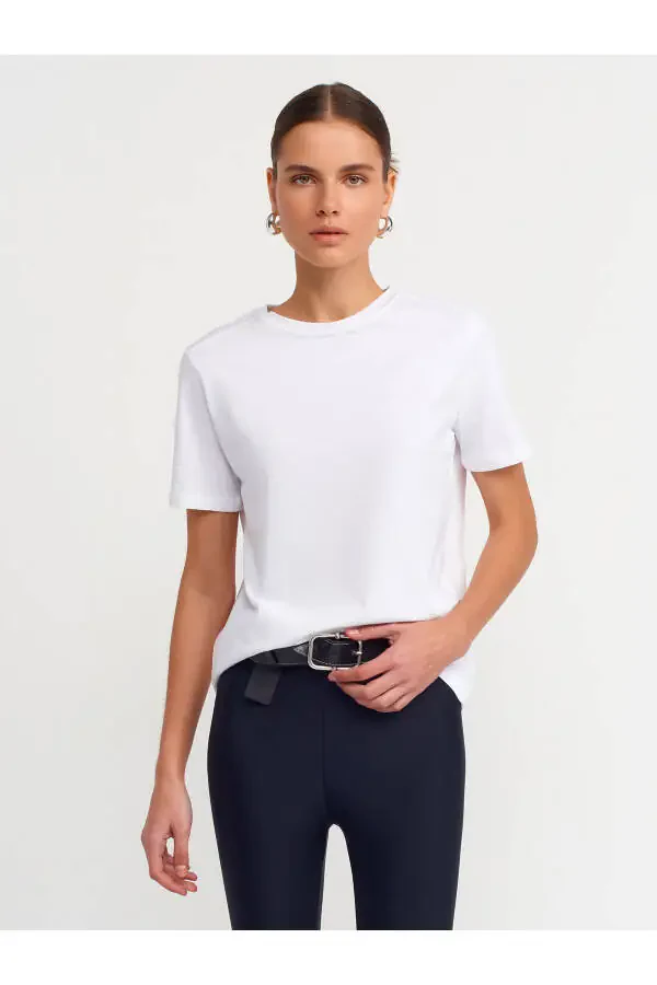 30740 Bisiklet Yaka Pamuklu T-shirt-Beyaz-Beyaz - 5