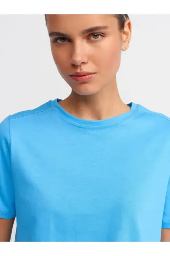 30740 Bisiklet Yaka Pamuklu T-shirt-mavi-Mavi - 4