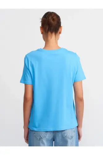 30740 Bisiklet Yaka Pamuklu T-shirt-mavi-Mavi - DILVIN (1)