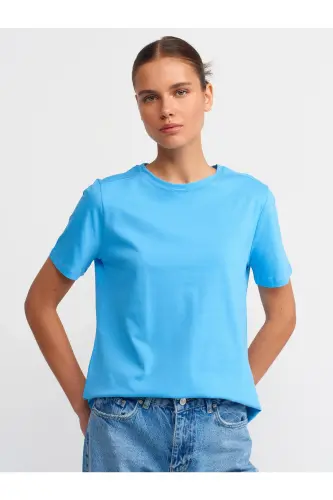 30740 Bisiklet Yaka Pamuklu T-shirt-mavi-Mavi - 3