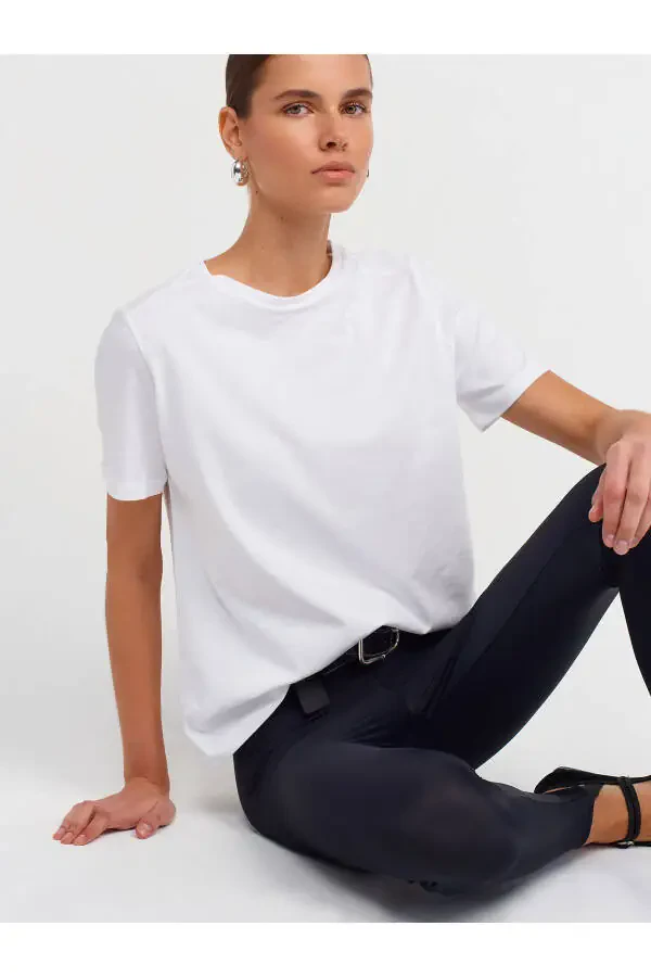 30740 Yassi Yaka Paxta T-shirt-oq - 8