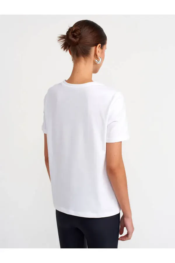 30740 Yassi Yaka Paxta T-shirt-oq - 2