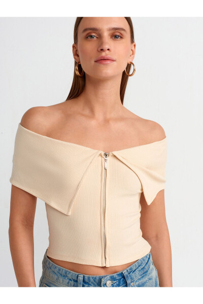 30748 Off-Shoulder Zip Detail Top - Beige - 8