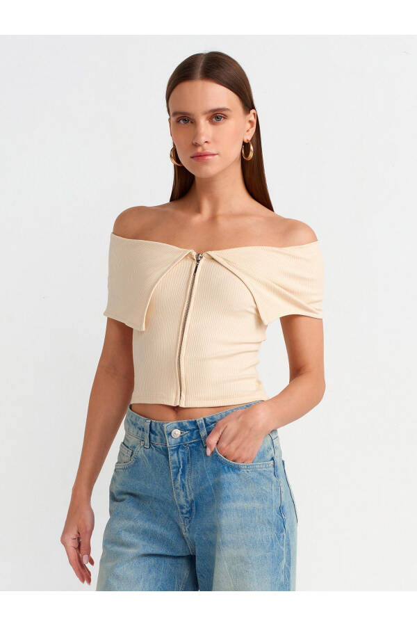 30748 Off-Shoulder Zip Detail Top - Beige - 1