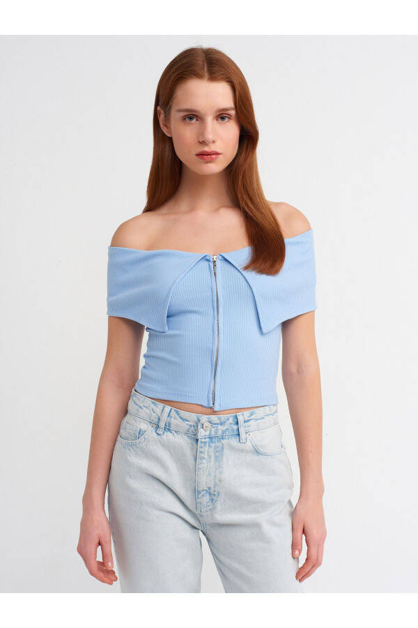 30748 Off-Shoulder Zipper Detail Top - Blue - 1
