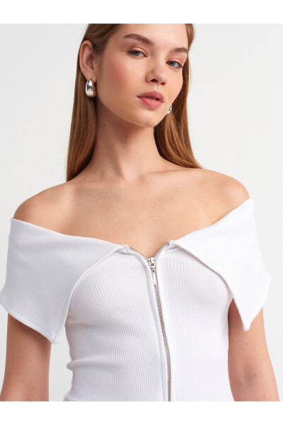 30748 Off-Shoulder Zipper Detail Top-White - 13