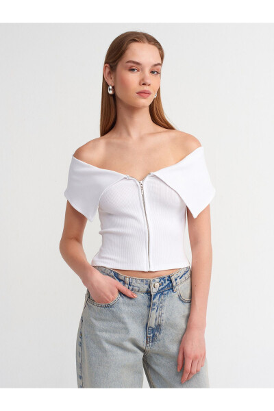 30748 Off-Shoulder Zipper Detail Top-White - 16