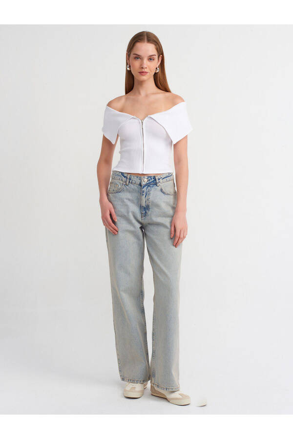 30748 Off-Shoulder Zipper Detail Top-White - 11