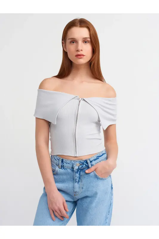 30748 Off-Shoulder Zipper Detailed Top-Gray-Gray - 1