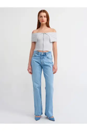 30748 Off-Shoulder Zipper Detailed Top-Gray-Gray - 3