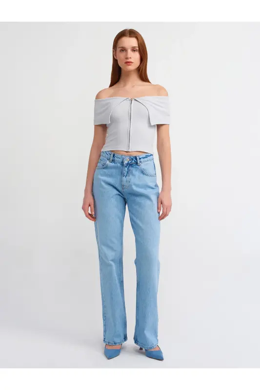 30748 Off-Shoulder Zipper Detailed Top-Gray-Gray - 3