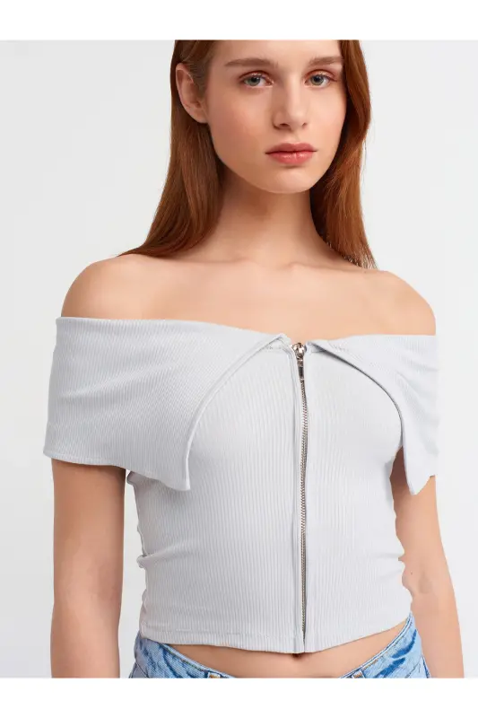 30748 Off-Shoulder Zipper Detailed Top-Gray-Gray - 4