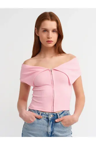 30748 Off-Shoulder Zipper Detailed Top-Pink-Pink - 3
