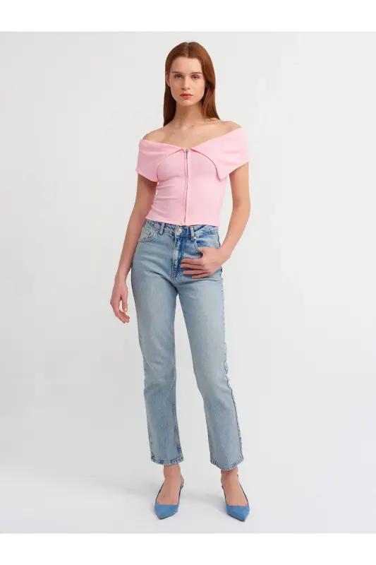 30748 Off-Shoulder Zipper Detailed Top-Pink-Pink - 4