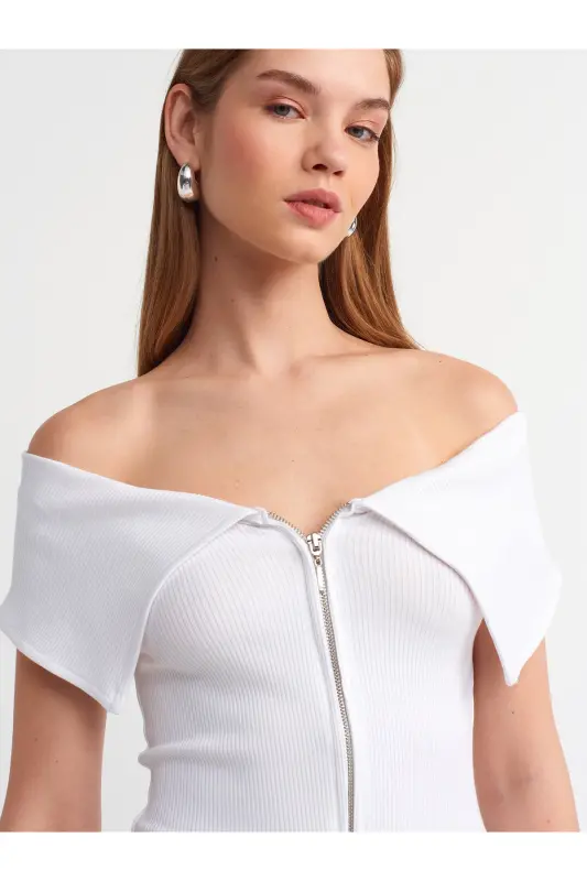 30748 Omuzları Açık Fermuar Detaylı Top-beyaz - Beyaz - 1