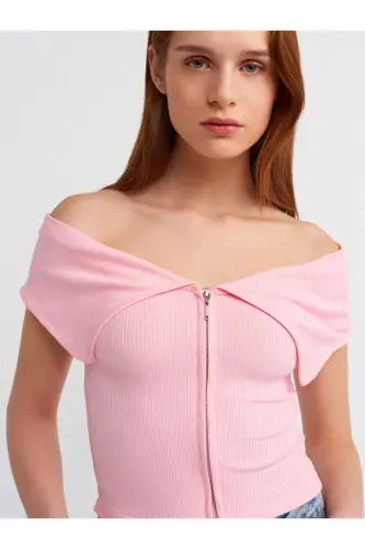 30748 Omuzları Açık Fermuar Detaylı Top-Pembe-Pembe 