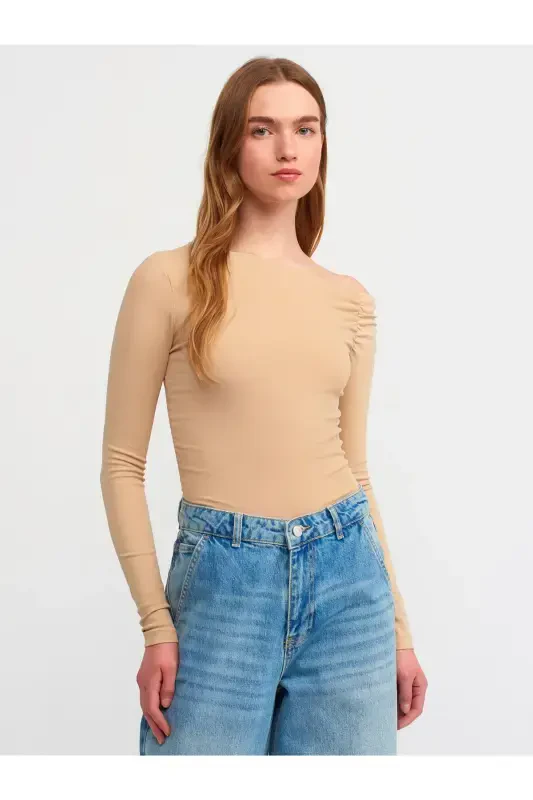 30770 Ruched Asymmetric Top-Beige-Beige - 1