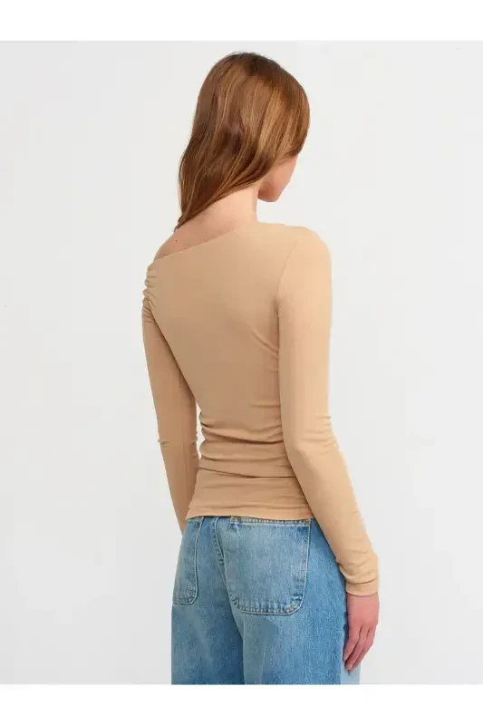 30770 Ruched Asymmetric Top-Beige-Beige - 2