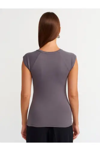 30811 Bisiklet Yaka T-shirt-füme-FÜME - 2