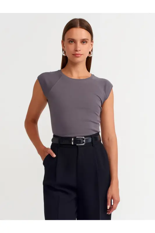 30811 Bisiklet Yaka T-shirt-füme-FÜME - DILVIN