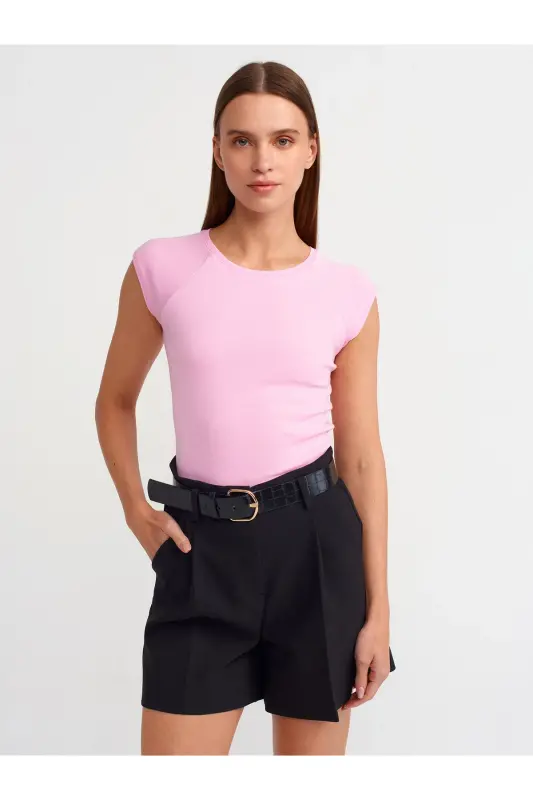 30811 Bisiklet Yaka T-shirt-pembe-PEMBE - DILVIN