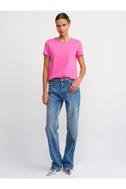 30817 Bisiklet Yaka T-shirt-Pembe-Pembe - 3