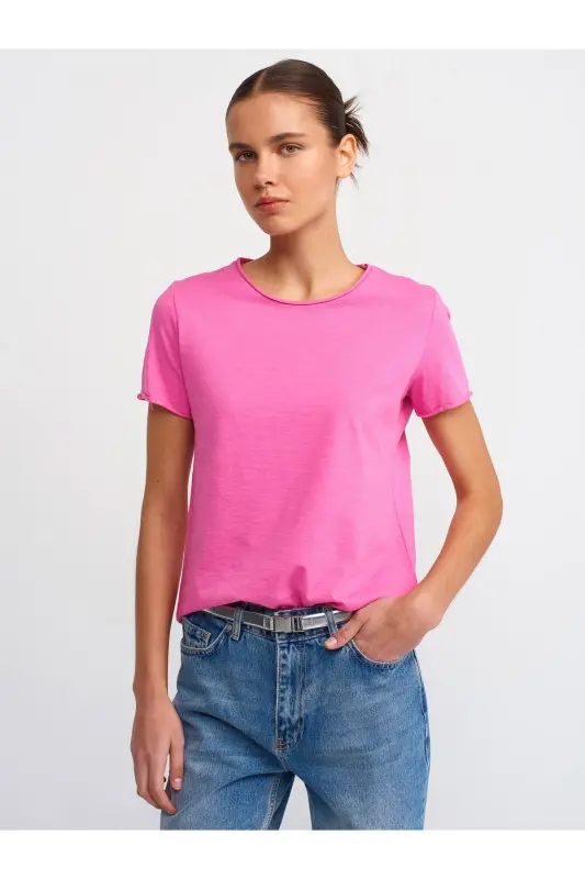 30817 Bisiklet Yaka T-shirt-Pembe-Pembe - DILVIN